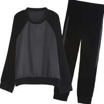 Engros damekomfortabel sort 2-delt træningsdragt i fløjl med lange ærmer og lange bukser