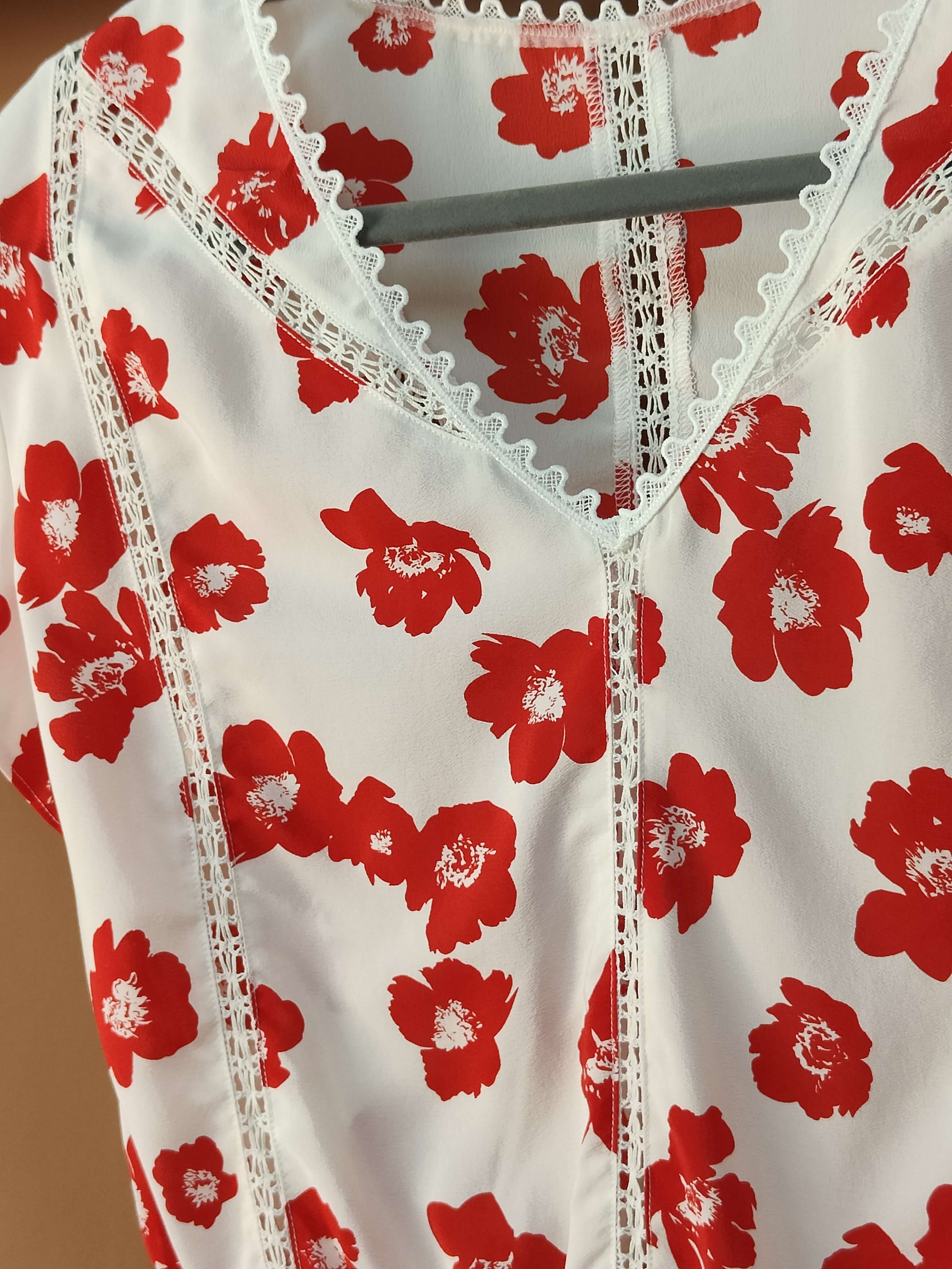Private Label Blomstertryk Kvalitet Rød Kortærmet T-Shirt Top Bluse i Bulk